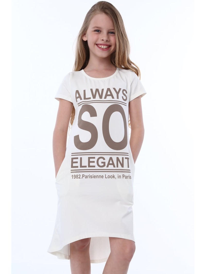 Cream girl\'s dress with inscriptions NDZ8247 - Online store - Boutique